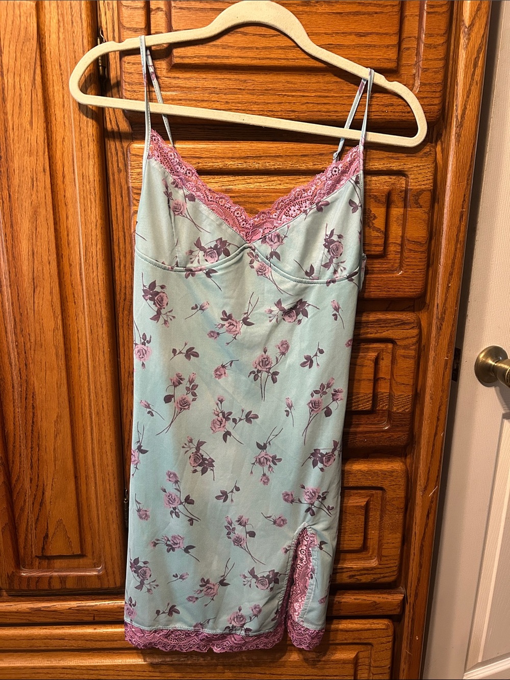 Motel Rocks Mint Slip Dress with Pink Floral Lace size medium